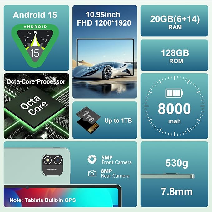 11 inch Tablet, Android 15 Tablet 20GB RAM +128GB ROM+1TB Expand, Octa Core Processor 8000mAh Battery, 1920x1200 IPS Touch Screen, 5+8MP Dual HD Camera, 5G WiFi , Widevine L1, Matel Green with Case