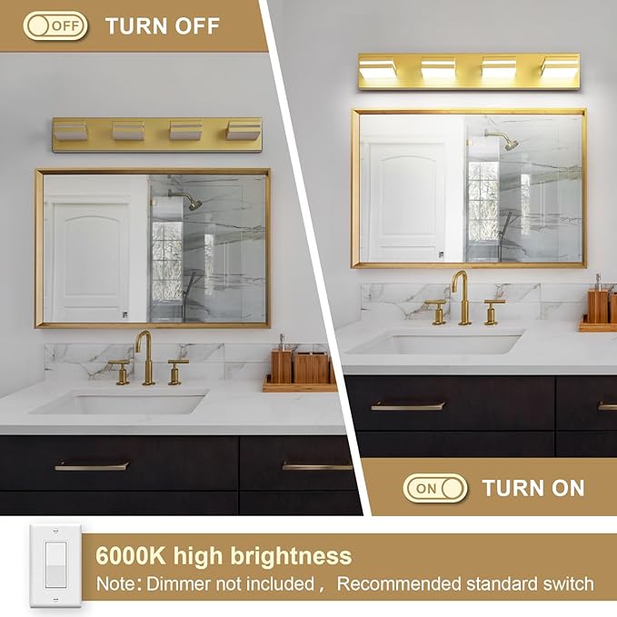 Modern LED Bathroom Lights Fixtures(4-Light),Metal Gold Acrylic Wall Lighting,Vanity Lights for Bathroom Over Mirror(6000k 27in)