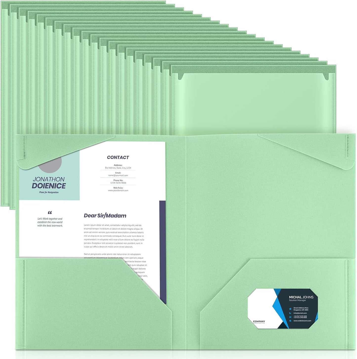 Henoyso 60 Pcs Plastic Folders with Clear Front Pockets Heavy Duty File Folders with 2 Pockets and Card Slot for Student Communication School Office Presentation Report(Light Green)