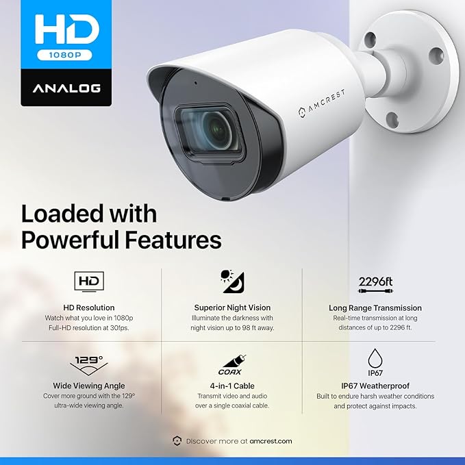 Amcrest Full HD 1080P Bullet Outdoor Security Camera (Quadbrid 4-in1 HD-CVI/TVI/AHD/Analog), 2-Megapixel, 98ft Night Vision, 2.8mm Lens 129° Viewing Angle, White (AMC1080BC28-W)