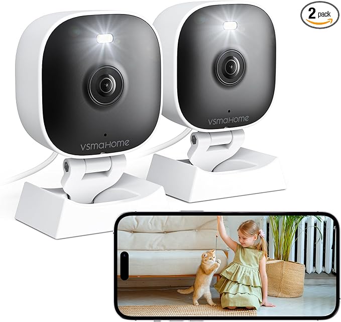 2K Cameras for Home Security,Indoor/Outdoor for Baby/Elder/Pet Monitoring with Phone app,Wired Plug&Play,Color Night Vision,2-Way Audio & 24/7 Recording,Support 128G Card ( Not Included),2-Pack