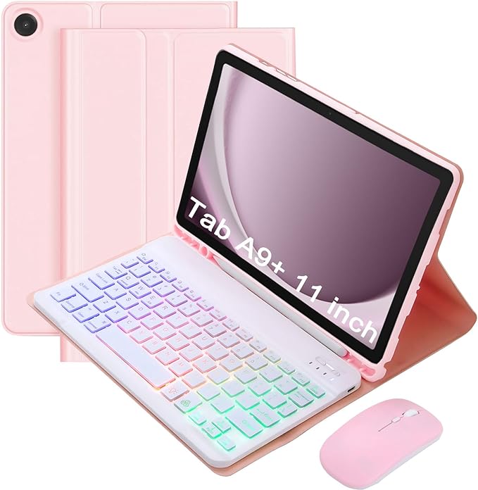 Keyboard Case for Samsung Galaxy Tab A9+/A9 Plus 11 Inch 2023 (SM-X210/X216/X218), Detachable Color Backlit Bluetooth Keyboard and Mouse, Slim Lightweight Stand Cover with Pen Holder (Pink)