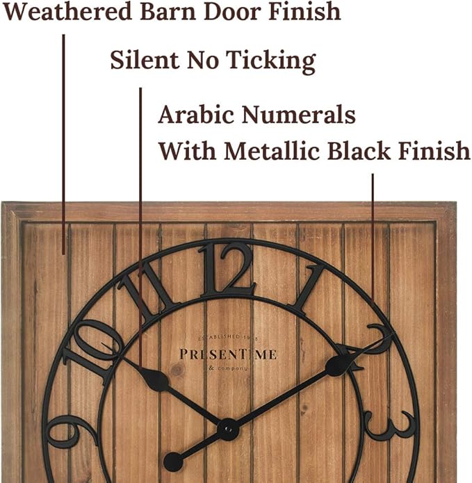 Presentime & Co 21" Farmhouse Square Shiplap Barn Door Wood Clock - Fir, Arabic Numeral. Home Decoration/Wall Decoration/Farmhouse Décor for Living Room, Dining Room, and Entryway.