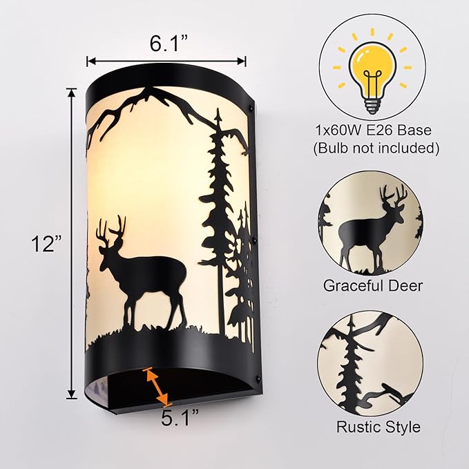 Wall Sconces Set of Two,Deer Cream White Parchment Rustic Wall Sconces,Farmhouse Black Sconce Light,Industrial Metal Indoor Wall Light Fixtures,Wall Lamps for Bedroom,Living Room,Hallway
