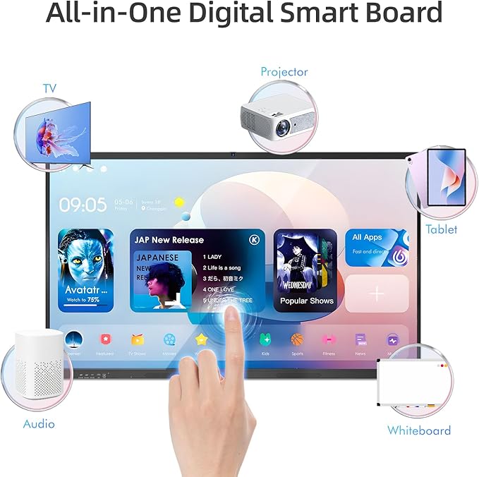 65" Smart Board for Classroom Office Home, All-in-One 4K Interactive Whiteboard, Digital Electronic Smartboard with 20 Point Touchscreen, Android 13, 8+128G (Wall Mount Included)