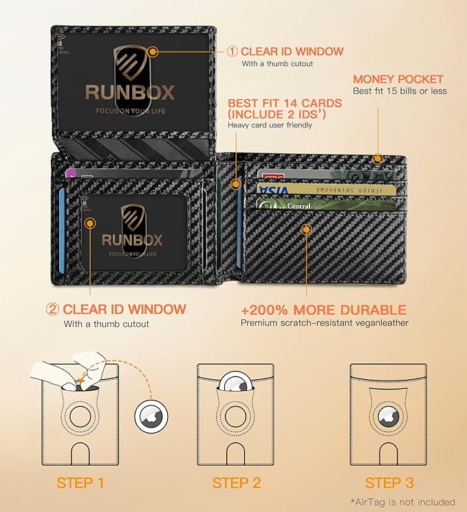 RUNBOX Wallet for Men Slim Rfid Leather 2 ID Window With Gift Box