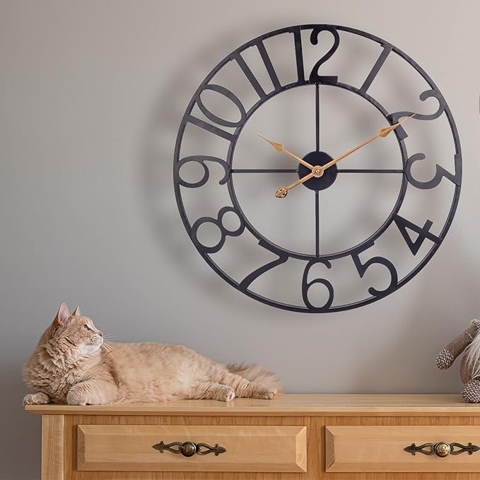BEW 24 Inch Metal Clock, Large Cut-Out Farmhouse Decorative Wall Clock Battery Operated, Silent Non-Ticking Indoor Outdoor Iron Wall Clock for Living Room, Patio