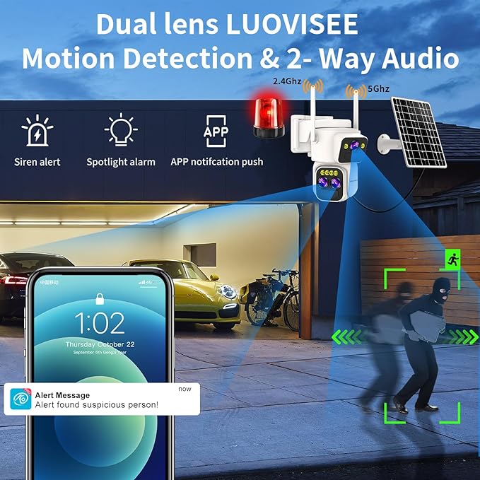 Triple-Lens Solar Security Cameras Wireless Outdoor,360°PTZ Cameras for Home Security with 10x Hybrid Zoom,5G/2.4G WiFi,No Month Fee,PIR Alarm,Full Color Night Vision, Two-Way Audio,IP65