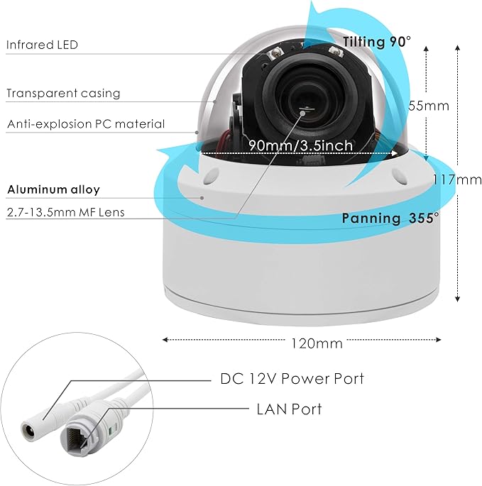 H.265 HD 1080P Security POE PTZ Dome Camera, Hikvision Compatible Indoor/Outdoor 2.7-13.5mm Motorized Lens 5X Zoom, Audio in,Pan 355° Tilt 90°, Waterproof IP66 98ft Night Vision,Motion Detection