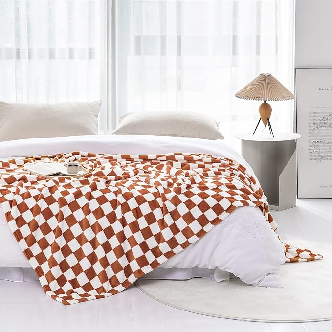 LOMAO Throw Blankets Flannel Blanket with Checkerboard Grid Pattern Soft Throw Blanket for Couch, Bed, Sofa Luxurious Warm and Cozy for All Seasons (Maple Brown, 50"x60")