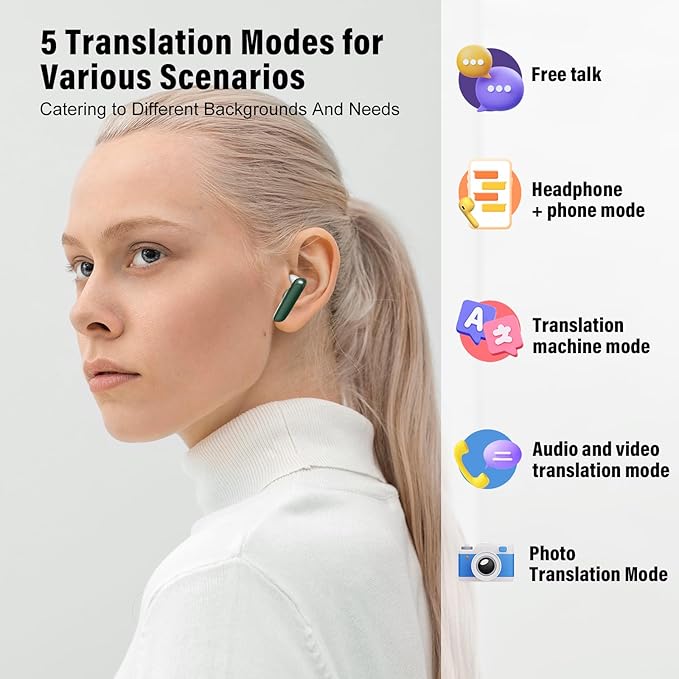 AI Language Translation Earbuds, 3-in-1 Translator Earbuds Real Time with 7 Translation Modes, with Audio and Video Call, 164 Language Bluetooth 5.3 Headphones Translating Device, Dark Green