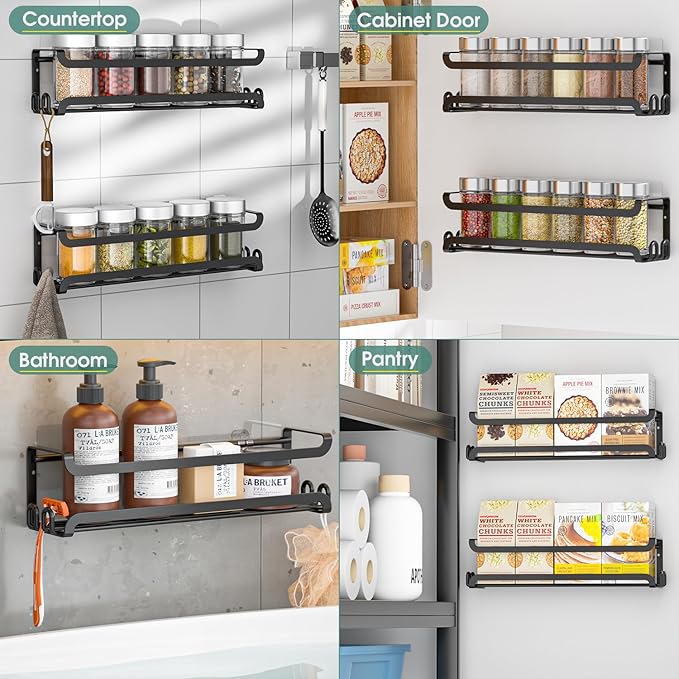 LUCYCAZ 2 Pack Wall Mounted Spice Rack with 16 Hooks, Spice Organizer Shelf for Stove Cabinet Pantry Door,Screw or Adhesive Spice Shelf Hanging Wall Spice Rack in Kitchen and RV (Black, 2 PACK)