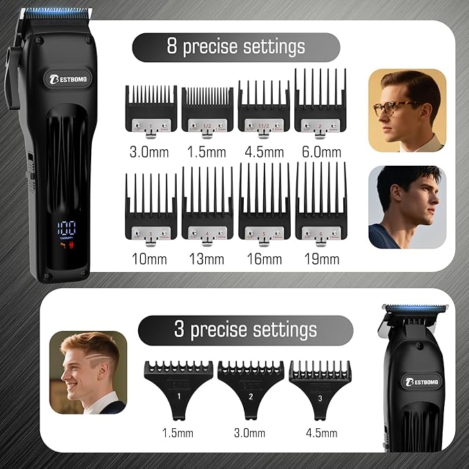 BESTBOMG® Professional Hair Clippers for Men, Professional Barber Clippers and Trimmer Set, Mens Cordless Hair Clipper for Barbers Haircut Kit Fade, BS-808A (Black)