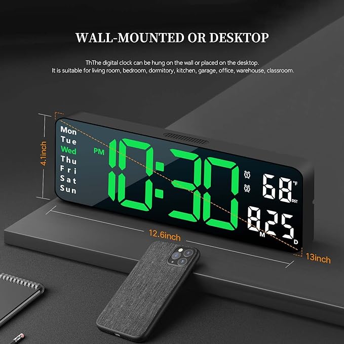 Digital Clock, Digital Wall Clock for Living Room Decor, Desk Alarm Clock for Bedroom, Large Wall Clock with Remote Control, Automatic Brightness Dimmer LED Clock with Date Temperature Week (Green-B)
