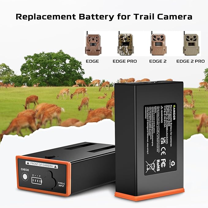 Edge Battery 2 Pack, 5000mAh Rechargeable Lithium-Ion Battery Pack with USB-C & Solar for Edge Series Cellular Trail Cameras for Edge, Edge Pro, Edge 2, Edge 2 Pro