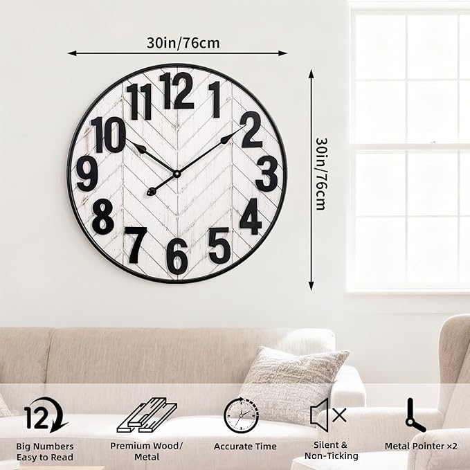 30 Inch Large Wall Clock, Oversized Wood Farmhouse Wall Clock with Metal Frame, Battery Operated Non-Ticking Silent Wall Clocks for Living Room, Kitchen, Bedroom Decor (Whitewashed)