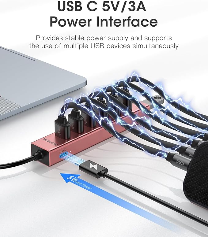 FORIDA USB Hub Long Cable 8 Ports multiport Adapter with 7-USB3.0 Data Ports and Type-C 5V/3A Power Port,USB Extender for Laptop PC and More (Rose Gold, USB A-47in)