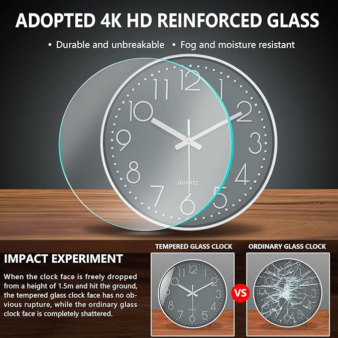 Wall Clock, Silent Wall Clocks Battery Operated 10 Inch Modern Non Ticking Analog Clock with Large Numerals Tempered Glass Clocks for Bedroom, Living Room, Kitchen, Office Decor, Grey