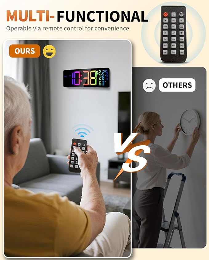 17.2" Large Digital Wall Mount Clock, Count Down Timer, Alarm, Big LED, 11 RGB Color, Temperature for Living Room Classroom Desk, Xmas, Birthday Gift for Senior Mom Dad (Rectangle)
