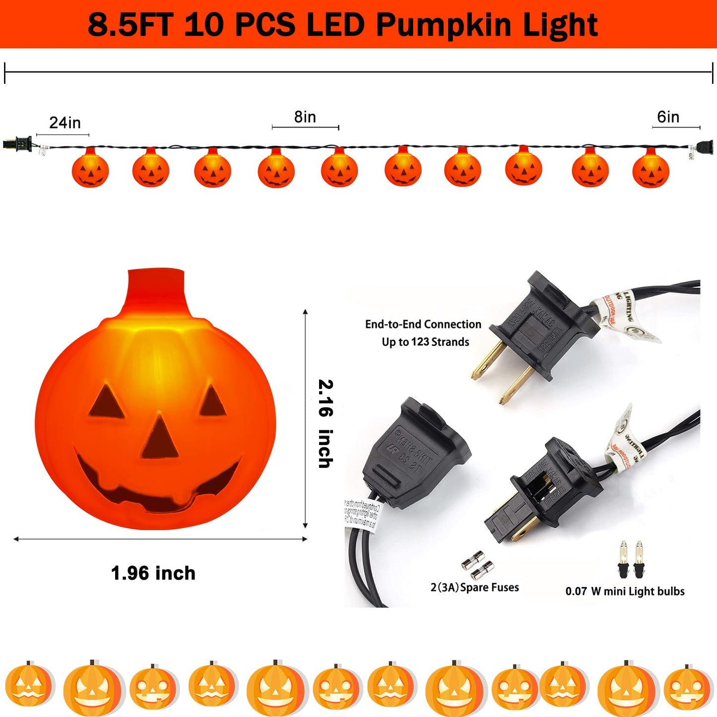 Egcol 8.5FT Pumpkin String Lights - 10 Warm LED Indoor & Outdoor Decorations - Plastic