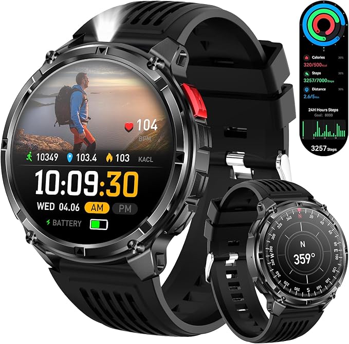 Mens Smart Watch for Android Phones and iPhone,Military Sport Smart Watches for Men Fitness Tracker Watch with Flashlight/Compass/Waterproof/100 Days Battery/Heart Rate/Sleep/100+ Sport Modes