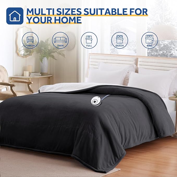 Sealy Electric Blanket Full Size 80"*84",Super Cozy Flannel to Sherpa Reversible Heated Blanket Full Size with 10 Heating Levels & 1-12 Hours Auto Off Overheating Protection Machine Washable, Charcoal