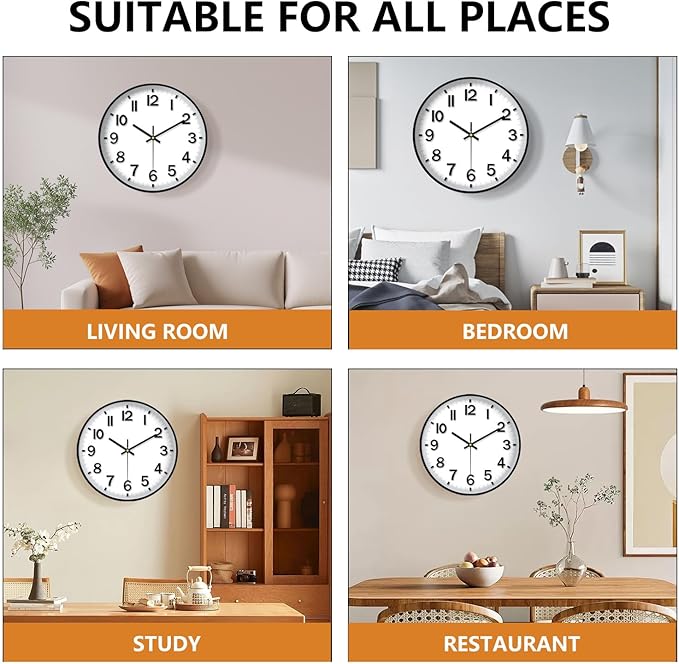 Black Wall Clock, 8 Inch Wall Clocks Battery Operated, Round Modern Non Ticking Silent Digital Analog Small Wall Clock for Bedroom Living Room Kitchen Office Gym Classroom Outdoor Clocks