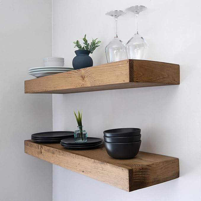 Modern Floating Shelves 3 Inches Thick for Wall, Wide Shelves for Kitchen, Living Room, Bedroom, and Bathroom, Natural Pine Wood, Rustic Wooden Shelf, (Set of 2) (Aged Oak, 48Lx3Hx6D)