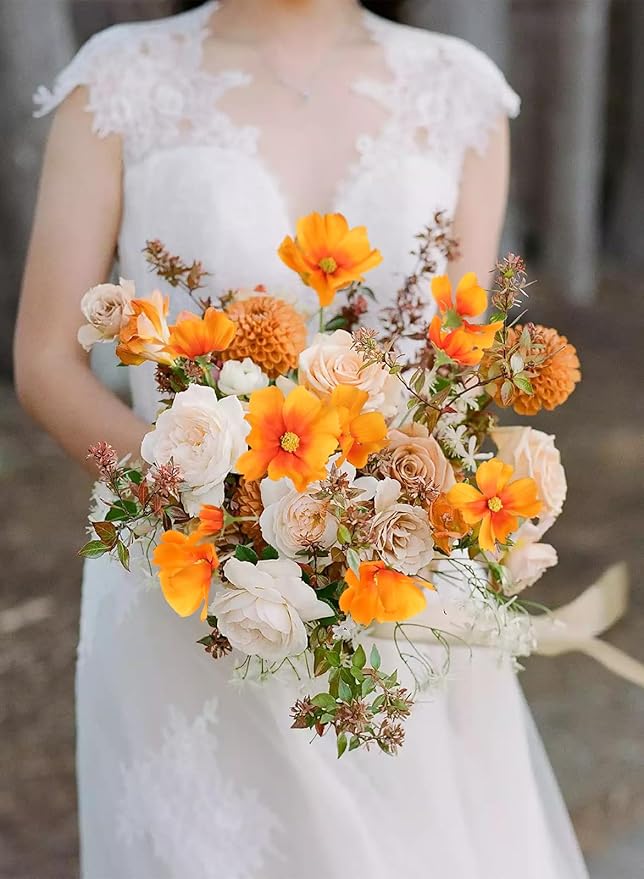IPOPU Orange Silk Flowers Artificial Daisies 5PCS Cosmos Artificial Flowers Fake Wildflowers Daisy Flowers with Stems for Home Decor Indoor Floral Arrangements Centerpiece (Orange)