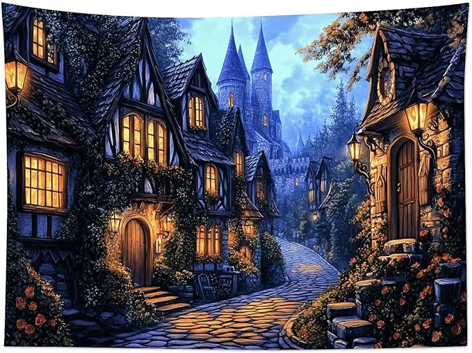 LB Vintage Castle Tapestry, Night Street Old House and Green Tree Wall Tapestry for Bedroom Aesthetic, Village Gothic Wall Art for Living Room Dorm Home Decor Ready to Hanging, 59 x 51 Inches