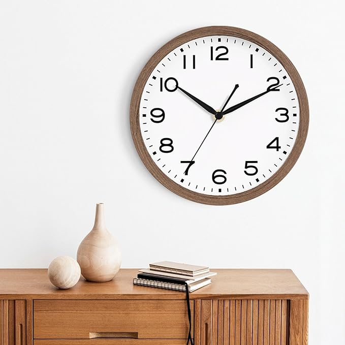 AKCISOT Wall Clock, Modern Small Wall Clocks Battery Operated 10 Inch, Silent Non-Ticking Analog Classic for Office, Home, Bathroom, Kitchen, Bedroom, School(Walnut Grain)