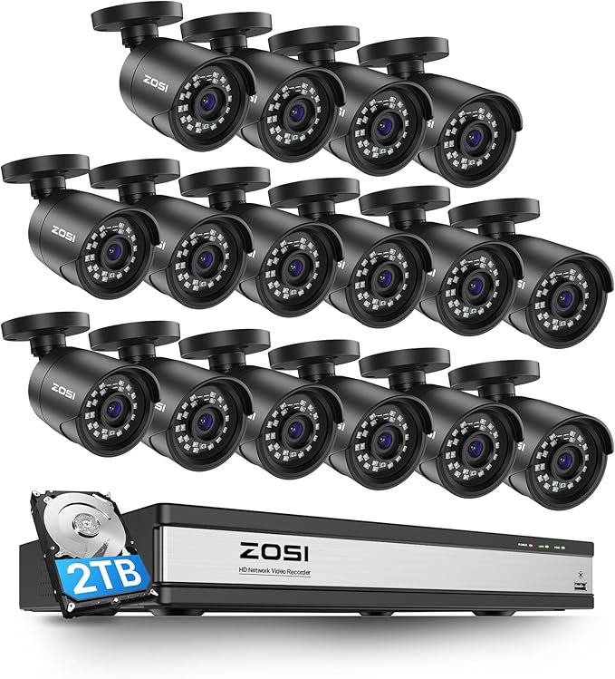ZOSI H.265+ 1080p 16 Channel Home Security Camera Outdoor Indoor, 16CH CCTV DVR with AI Human Vehicle Detection and 16 x 1080p Surveillance Bullet Camera, 100ft Night Vision, 90° View Angle, 2TB HDD