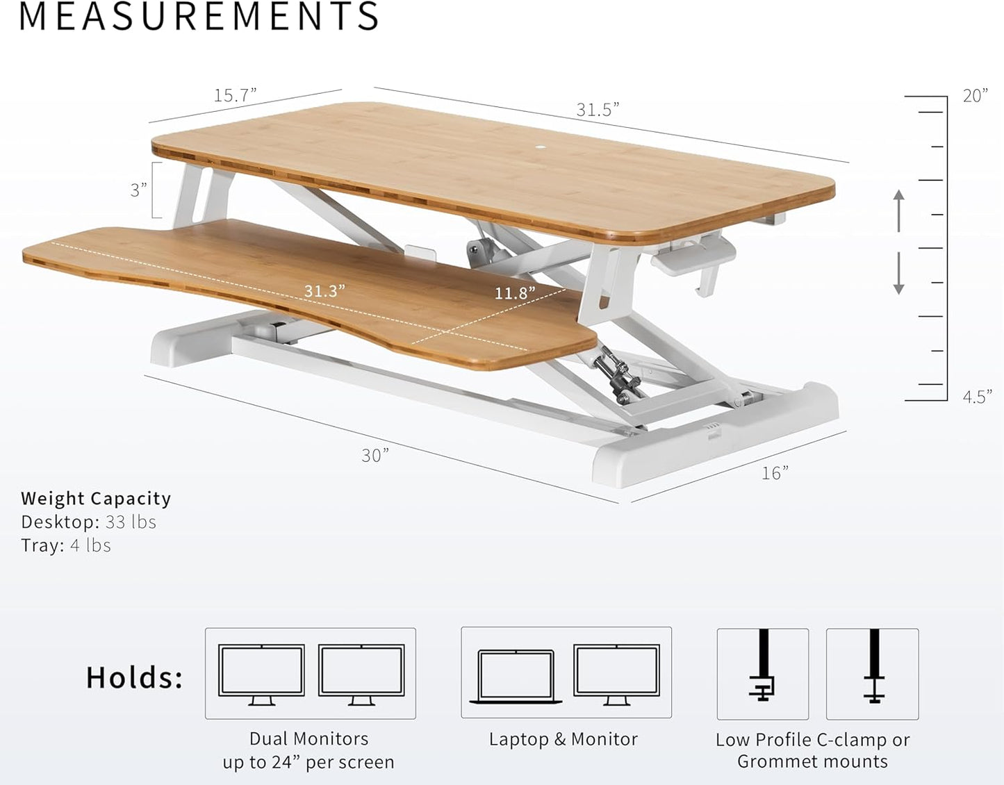 VIVO 32 inch Desk Converter, K Series, Height Adjustable Sit to Stand Riser, Dual Monitor and Laptop Workstation with Wide Keyboard Tray, Bamboo Top, White Frame, DESK-V000KO
