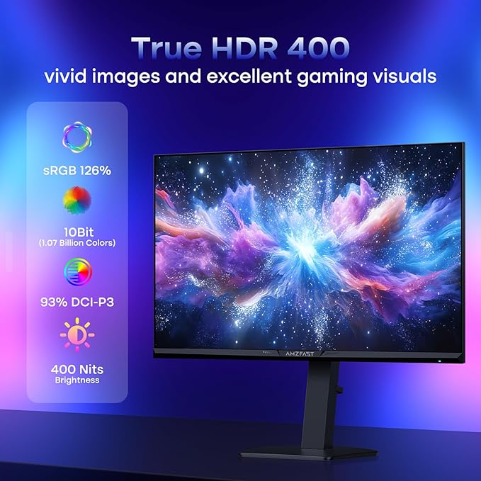 Amzfast 27’‘ 4K Gaming Monitor HDR 400, UHD 160Hz 144Hz | FHD 320Hz 300Hz Dual Mode PC Monitor, Built-in Speakers 1ms Fast IPS, 126% sRGB PIP/PBP, 2* HDMI 2.1 & 2* DP 1.4 VESA (HDMI DP Dual Cables)