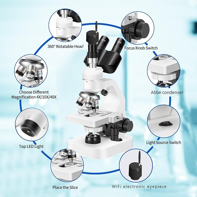 Trinocular Microscope 40x-2000x Magnification Double-Layer Stage with LED Lights on top and Bottom, Thick and Thin Dual Focusing knobs, Professional Biological Microscope (WiFi Electronic Eyepiece)