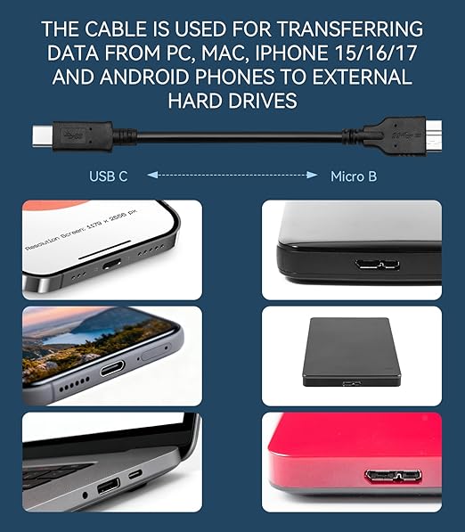 Micro B to USB C Cable, 3FT USB External Hard Drive Cable, High-Speed Data Transfer Cord for WD My Passport, Seagate, Toshiba, MacBook Pro/Air, iPad, iPhone 15/16, Samsung Galaxy S24, PC and More