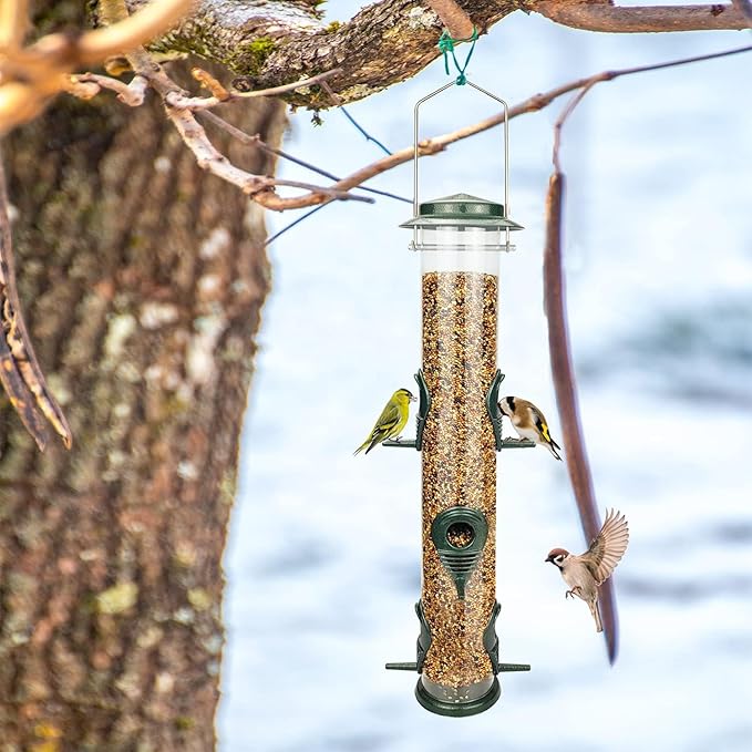MIXXIDEA 2PK Metal Wild Bird Feeder Bird Feeders for Outdoors Hanging 6 Port Tube Bird Feeder Transparent Finch Feeder with Steel Hanger Green