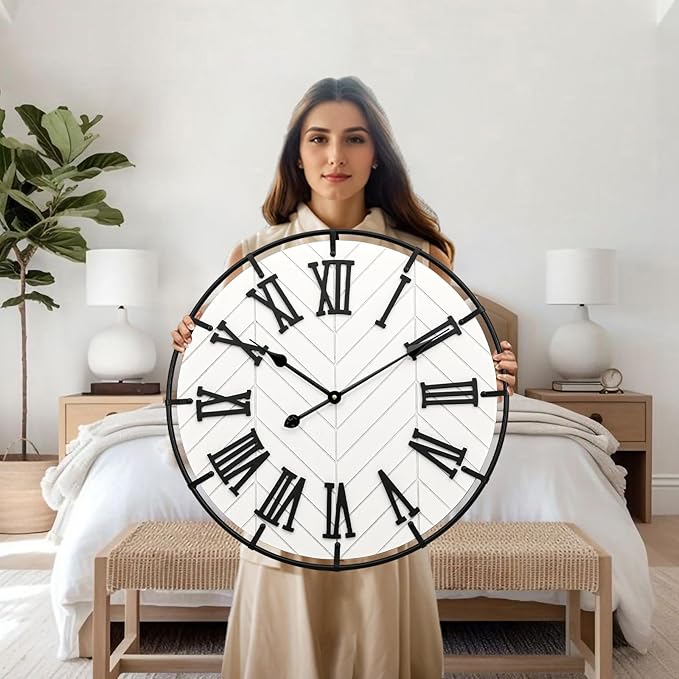 24 Inch Large Wooden Wall Clock – Extra Large Farmhouse Wall Clock with 3D Roman Numerals, Modern White Round Wood & Metal Clock for Living Room, Silent & Accurate Timekeeping