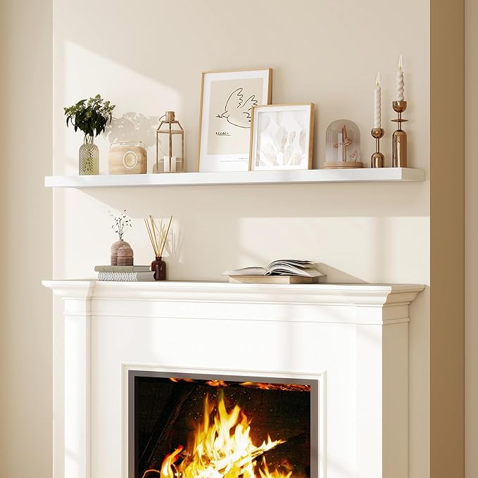 Fun Memories 72 Inch Floating Shelves for Wall, Fireplace Mantel Shelf with Invisible Heavy Duty Bracket, 8 Inch Deep Storage Shelf for Living Room, Kitchen, Farmhouse, White