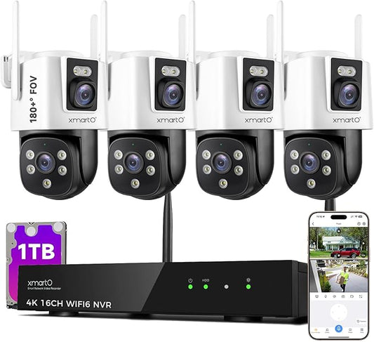 xmartO [2-in-1 CAMs 8-View WiFi 6 Mesh PTZ Security Camera System Outdoor Wireless, 4X Dual-Lens CAM, 16CH 4K Long Range WiFi6 Surveillance NVR Kit, 4MP PTZ Home CCTV Set w. 1TB HDD, No Monthly Fee