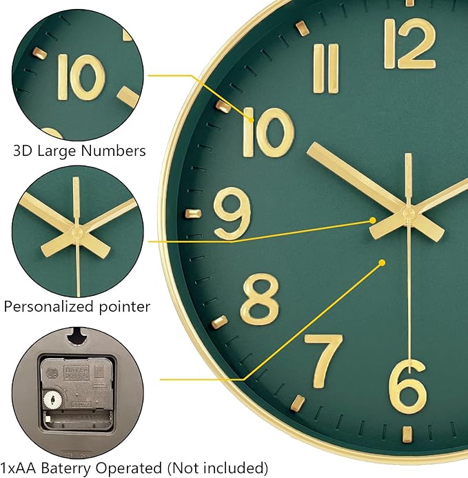 Wall Clock, 8 Inch Wall Clocks Battery Operated, Modern Non Ticking Silent Digital Analog Small Wall Clock for Bedroom Living Room Kitchen Office Gym Classroom Outdoor Clocks, Gold Green