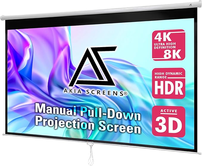 Akia Screens 100 inch Projector Screen Pull Down Manual B 16:9 8K 4K HD 3D Ceiling Wall Mount White Portable Projection Screen Retractable Auto Locking for Indoor Movie Home Theater Office AK-M100H1