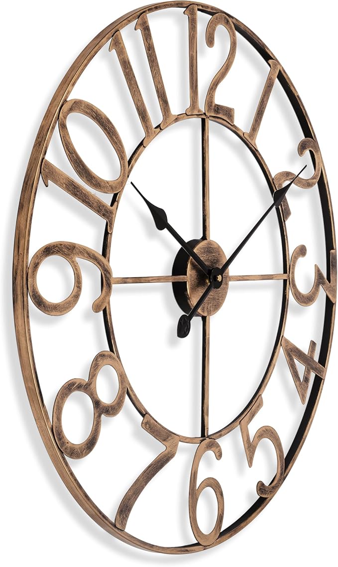 BEW Large Wall Clocks for Living Room Decor, Silent Analog Battery Operated Wall Clock, 24 Inch Bronze Rustic Farmhouse Metal Wall Clock for Indoor, Outdoor