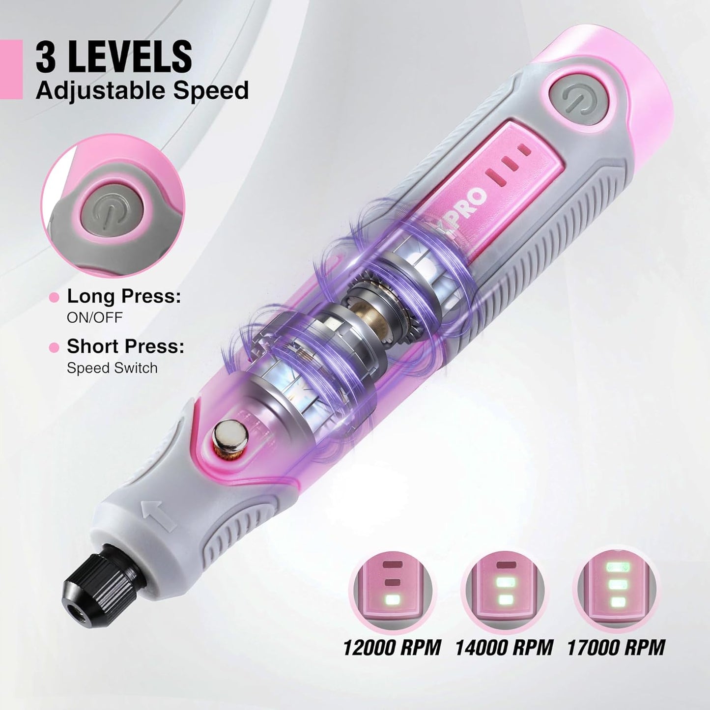 WORKPRO Cordless Rotary Tool Kit with 71pcs Accessories, 3 Variable Speeds, USB Rechargeable Mini Rotary Tool for Engraving, Sanding, Polishing, Carving, Cutting, DIY Crafts - Pink Ribbon