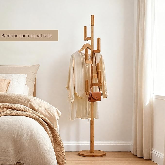 Bamboo Cactus Coat & Clothes Rack Stand, Standing Freestanding Clothing Racks with 6 Hooks for Adults & Kids, Heavy Duty Modern Entryway Living Room Bedroom Corner Coat Rack cactus-2