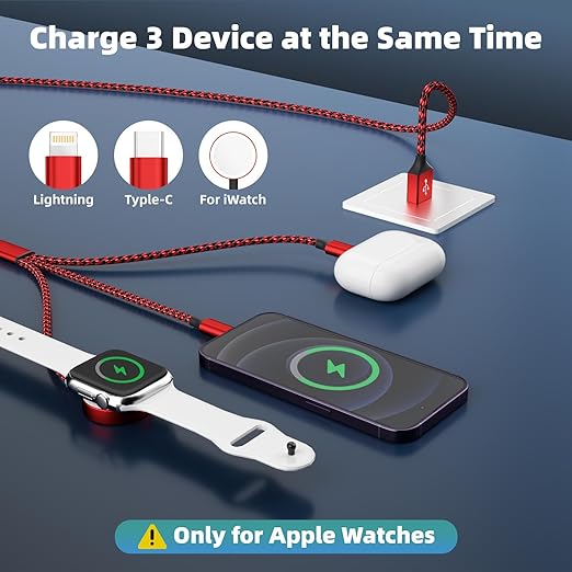 Multi Charging Cable for Apple iWatch Charger, 3 in 1 Charging Cable USB Multiple Charger Cord for iWatch Ultra/SE/10-1, iPhone17-8, iPad, Android, Car, Cruise Essentials - 3Pcs 5FT