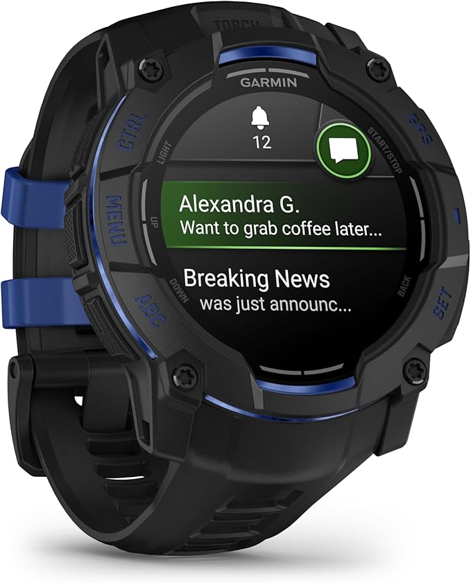 Garmin Instinct® 3 – 50 mm, AMOLED Display, Rugged Outdoor GPS Smartwatch, Built-in Flashlight, Supernova Collection Limited Edition Color, Black with Black/Bolt Blue Silicone Band