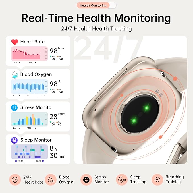 Latest Smart Watches for Women & Men - Performance Upgraded, 1.85-inch AMOLED HD Display (390x450), 12-Day Battery Life, 3ATM Waterproof (30m), Call, Health Monitoring, Fitness Tracker (Beige)