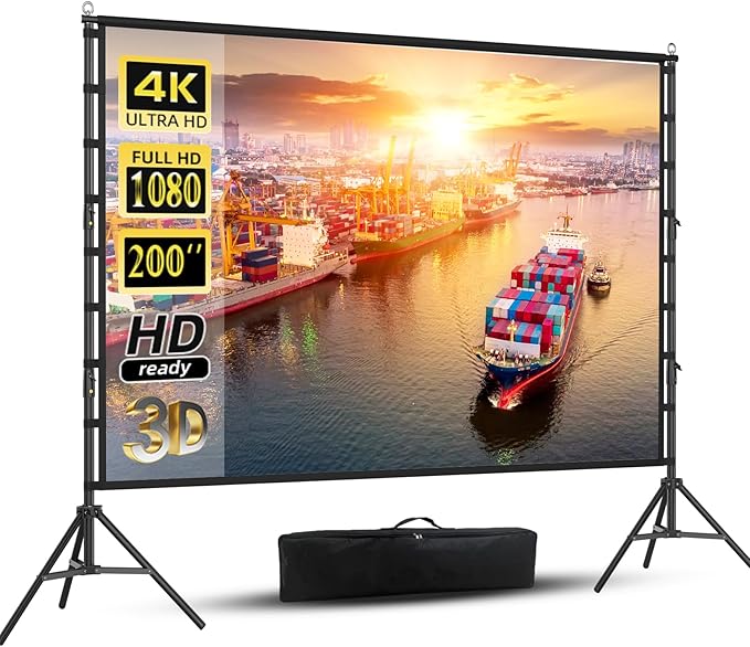 200 inch Projector Screen with Stand,HUANYINGBJB Outside Projection Screen, Portable 16:9 4K HD Rear Front Movie Screen with Carry Bag for Theater Backyard Movie Night,Cinema School, Churches