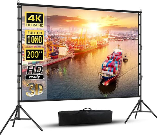 200 inch Projector Screen with Stand,HUANYINGBJB Outside Projection Screen, Portable 16:9 4K HD Rear Front Movie Screen with Carry Bag for Theater Backyard Movie Night,Cinema School, Churches
